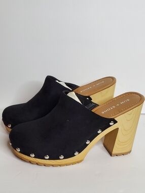 Sun & Stone Black Suede Studded Heeled Clog Shoes Size 11 NEW
